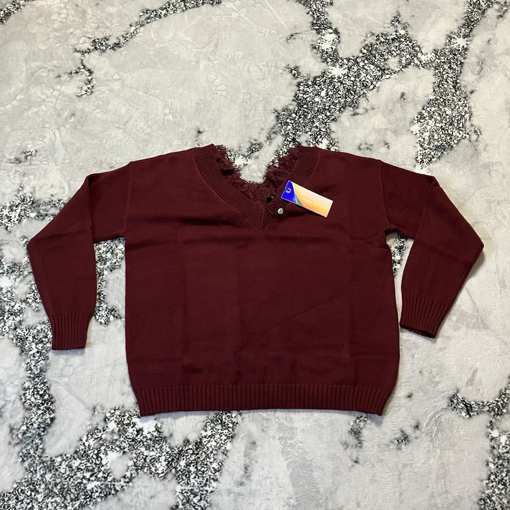 After Market Sweater Womens S Burgundy Lace Detail Double V Neck Pullover